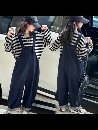 女童秋装套装秋季6-12岁潮酷中大童条纹牛仔背带裤两件套时髦 #时尚气质穿搭 #我又心动了 #强烈推荐 #阿曼儿母婴 #气质范