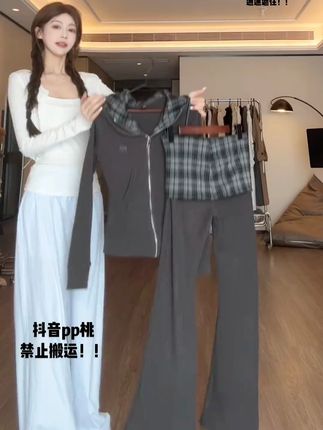 WRXS 美式格纹连帽开衫卫衣女拼接高腰宽松百搭卫裤微喇裤两件套#套装 #喇叭裤穿搭 #开衫 #卫衣 #宽松版型
