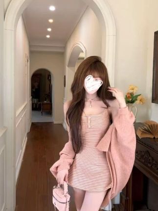 【慵懒韩女】秋季纯欲慵懒风吊带连衣裙针织开衫22605##ootd穿搭 #连衣裙 #时髦精 #这么穿显瘦20斤 #女人味穿搭