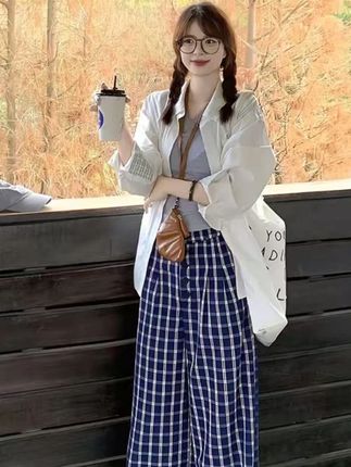 CKKOR韩系穿搭格子阔腿裤女夏季新款设计百搭休闲时尚拖地裤港风 #显瘦穿搭 #夏季新款 #显高显瘦显腿长 #高级感通勤女装 #百搭神裤