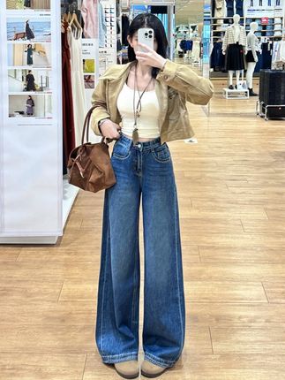 乔栈早秋新款刺绣阔腿牛仔裤女高腰复古设计感宽松显瘦小个子穿搭 #ootd穿搭 #显高显瘦显腿长 #今天穿什么 #牛仔裤 #简约搭配