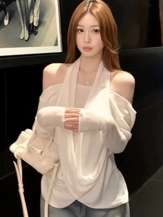 法式松弛感挂脖一字肩上衣女春秋新款温柔百搭设计感小众长袖T恤 #ootd穿搭 #御姐 #今天穿什么 #高级感
