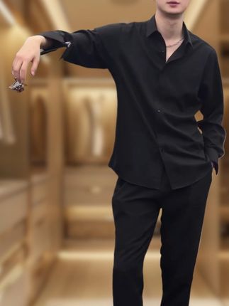 高级感痞帅潮流新款男装黑色衬衫男春夏穿搭休闲衬衣黑色长袖上衣#穿出高级感 #品质男装 #穿着得体是一种生活态度 #高级感 #商务休闲