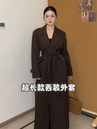 黑色超长款西装外套女风衣2025秋韩版系带收腰加长正肩双排扣 #轻奢女装 #ootd穿搭 #显瘦 #轻熟风 #高定系列