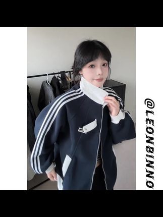 美式条纹卫衣外套男女秋季撞色拼接潮流百搭青少年运动风立领夹克#秋季卫衣 #美式条纹 #潮流夹克 #青少年服饰 #男女同款