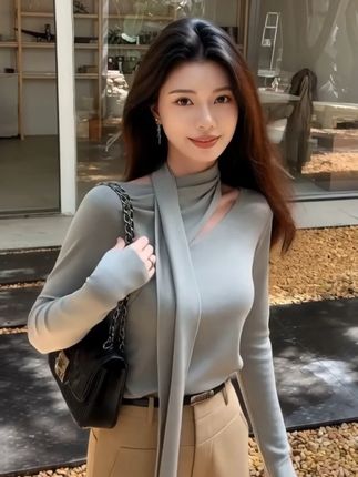【美丽诺言】新款秋季韩系飘带小众设计感针织衫气质修身长袖上衣 #早秋穿搭 #秋季搭配 #ootd穿搭 #韩系穿搭