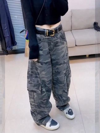 嘻哈风迷彩工装弯刀牛仔裤女2025秋季新款高腰宽松显瘦美式休 #简约穿搭# 早秋穿搭 #ootd穿搭