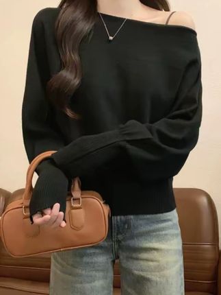 春秋冬薄款宽松慵懒长袖打底针织衫上衣洋气可外穿斜肩毛衣女内搭#面料柔软舒适#上衣#百搭#秋季上新款#宽松版型