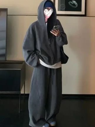 双面奥粒绒 490g高克重连帽卫衣外套+加厚宽松复古弯刀阔腿裤套装#显瘦搭配#轻奢女装#家居生活#通勤搭配#性价比
