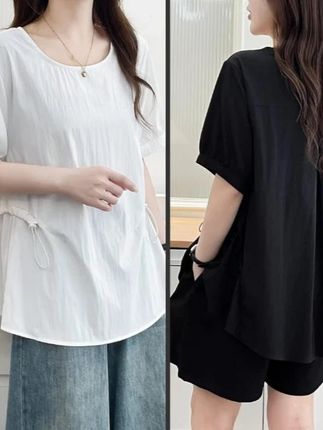 女装韩版宽松圆领遮肚子时尚小衫短袖上衣#显瘦穿搭 #宽松版型 #宽松有范 #休闲女装 #小众设计感