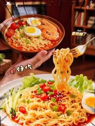 姐妹们今天的早饭啊,这是白象的非油炸的早餐面,而且是鸡蛋面配一个荷包蛋哦,热腾腾的,舒服啊。 这是自己家里做的鸡蛋饼啊,里面放了葱,很好的啊,我来一口面。嗯,到底是老牌子啊,这面有嚼劲啊。哎呀,配上荷包蛋不要太满足啊。#白象 #白象方便面 #方便面 #方便面的神仙吃法