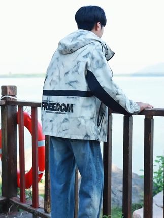 春秋男生扎染外套开衫宽松潮流秋装拼色上衣休闲长袖冲锋连帽夹克 #休闲减龄穿搭 #帅气穿搭 #潮流男装