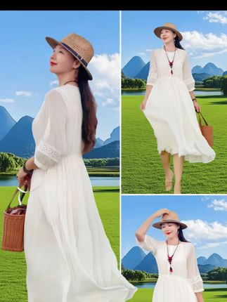 不皱不透凉爽不闷汗的白色连衣裙来喽…#旅游穿搭 #必备白色连衣裙