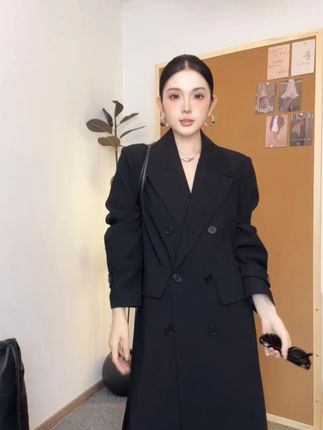 黑色超长款西装外套女风衣2025秋韩版系带收腰加长正肩双排扣大衣#西装外套 #大衣 #通勤搭配 #黑色系 #高级感服装