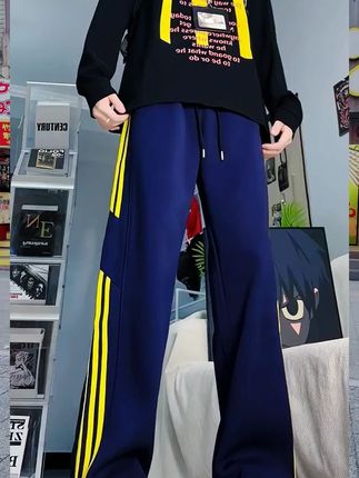 美式撞色条纹直筒灰色卫裤