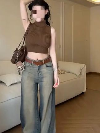 做旧晕染撞色阔腿牛仔裤女2025秋季新款高腰宽松显瘦垂感脏脏 #显高显瘦显腿长 #百搭神裤 #牛仔裤   #时髦精    #ootd穿搭