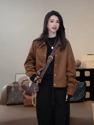 复古老钱风金扣棕色外套里衬条纹精致金色咖色外套F99039 #秋冬外套 #老钱风穿搭 #咖色穿搭 #咖色外套