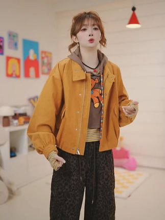 Apr.【日不落】秋季新款拉链开衫外套长袖休闲口袋上衣女款S