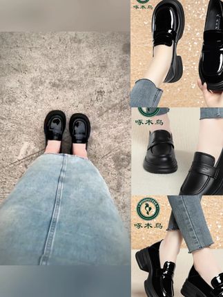 啄木鸟厚底乐福鞋粗跟百搭鞋子圆头黑色妈妈鞋单鞋女小皮鞋#女鞋 #乐福鞋 #增高鞋