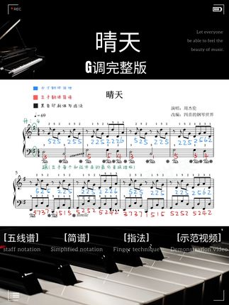 晴天 G调原调 五线谱 简谱 指法 示范视频 #周杰伦晴天 #晴天钢琴谱 #自学钢琴 #四喜钢琴谱 #西安钢琴老师四喜 @抖音小助手
