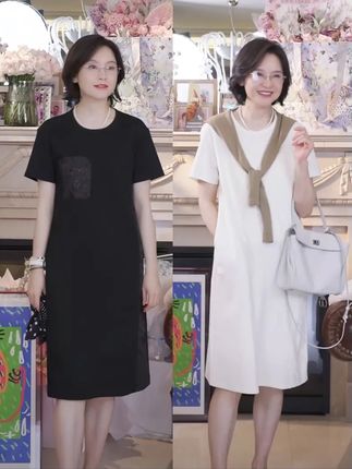 三妈同款 罗纳河之夜 罗马布拼接提花圆领时尚H型针织连衣裙#三妈的穿搭 #连衣裙 #休闲减龄穿搭 #穿搭