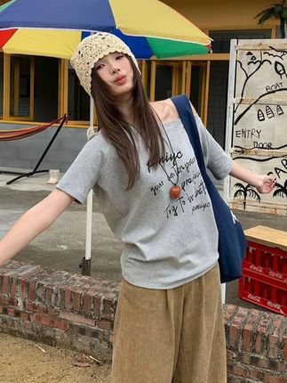 美式斜肩字母印花短袖T恤女夏季新款一字肩辣妹宽松休闲露肩上衣 #遮肉显瘦#夏季穿搭#今天穿什么#品质女装#ootd穿搭