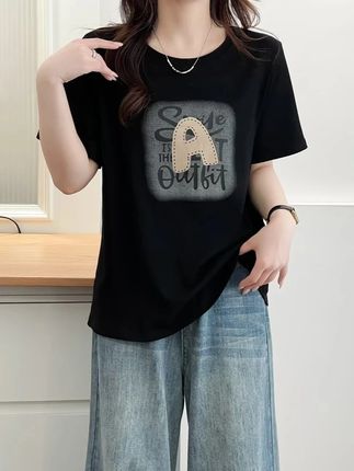 大码女装显瘦百搭个性印花夏装休闲短袖T恤上衣#夏季新款 #谁穿谁好看 #面料舒适透气 #显瘦穿搭 #短袖t恤