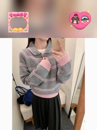 秋冬必入!条纹Polo领女毛衣,慵懒高级又显瘦 #条纹Polo领 #宽松显瘦衣 #慵懒高级风 #秋冬女毛衣 #百搭毛衣