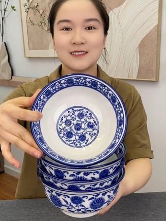 到手4只青花瓷大面碗,6英寸吃面嗦粉很合适,加厚优质陶瓷,可进微波炉#面碗#陶瓷餐具#生活就是一碗面#青花瓷