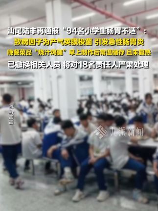 9月19日,广东#陆丰再通报94名小学生肠胃不适 :晚餐菜品“烧汁鸡腿”在早上制作后常温储存且未复热,已撤换相关人员,将对18名责任人严肃处理 。
