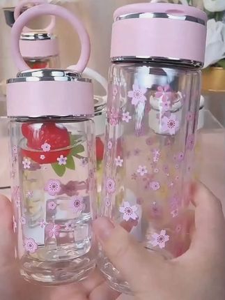 可爱女士便携玻璃杯双层透明加厚隔热家用上班族茶隔泡茶花茶水杯#杯子控 #好物推荐🔥 #吸管杯 #杯子