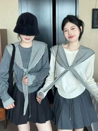 学院风灰色条纹披肩针织衫女2025春秋韩系chic穿搭别致慵懒风上衣 #品质女装 #穿出高级感 #时尚 #穿搭技巧 #简约搭配