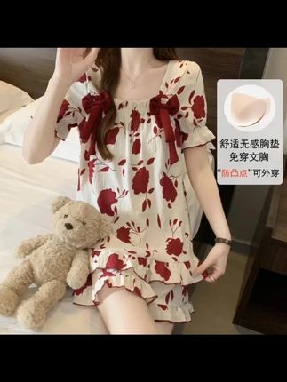 睡衣女款夏季薄款带胸垫可外穿宽松学生少女夏天新款女家居服套装 #睡衣女 #带胸垫睡衣 #可外穿家居服 #少女睡衣 #夏季套装