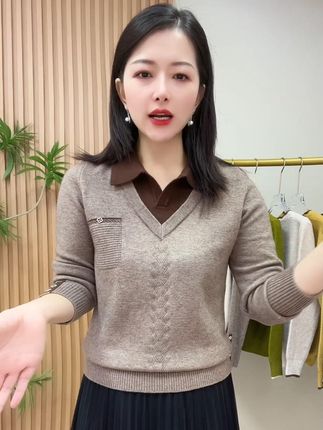 春秋翻领假两件长袖针织衫女套头毛衣显瘦遮肉妈妈装时尚洋气上衣 #品质女装 #遮肉显瘦 #面料舒适透气 #洋气减龄