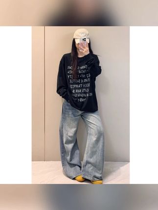 YWBY早秋新款美式慵懒风印花圆领螺口长袖女休闲遮肉显瘦上衣#早秋穿搭 #YWBY早秋 #休闲上衣 美式慵懒风#遮肉显瘦 #YWBY