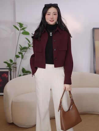 25新款女装 质感绵羊毛翻领双面呢衬衫式短外套 #羊毛外套穿搭 #女装搭配 #双面呢大衣