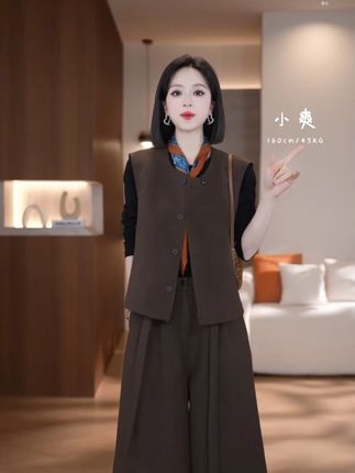 时尚套装背心休闲女装裤子短裤套装马夹百搭复古秋冬三件套633 #时尚简约套装 #休闲减龄穿搭 #马甲三件套装 #显瘦遮肉穿搭 #通勤简约搭配