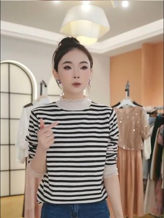 蕾丝半高领条纹针织打底衫长袖洋气时尚百搭薄款上衣女 #内搭外穿都好看 #蕾丝半高领打底衫 #针织打底衫 #针织打底衫女 #每日穿搭 #品质女装 #时髦精 #秋冬打底衫