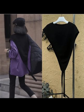 韩版新款高级感小众设计斜边三角针织披肩马甲女叠穿洋气飘带搭配#时髦洋气马甲推荐#披肩推荐