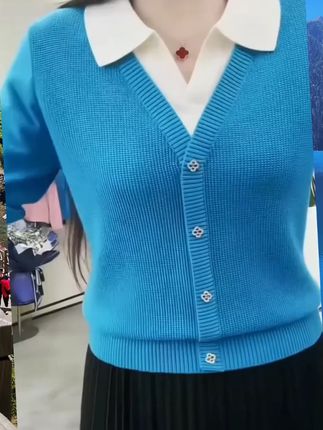 春秋款女装长袖打底衣时尚洋气毛衣宽松显瘦翻领假两件针织衫上衣 #假两件针织衫 #秋季上衣 #不起球不勾丝