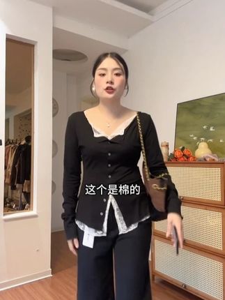 微胖mm纯欲风性感蕾丝拼接长袖T恤女秋季修身显瘦开衫上衣 #上衣 #纯欲风 #小众设计感 #显瘦开衫 #修身减龄