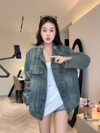 水洗复古美式牛仔外套女高街潮牌宽松情侣休闲宽松百搭上衣865 #今天穿什么 #ootd穿搭 #简约搭配 #今日搭配 #今日穿搭