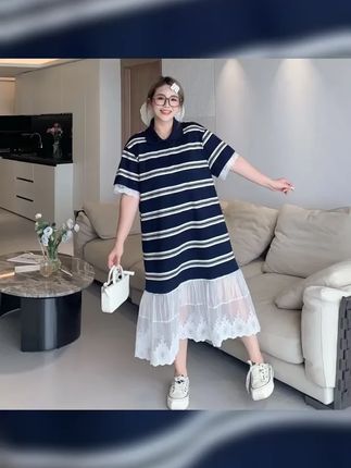 媛子大码条纹蕾丝拼接连衣裙2025新款宽松显瘦polo裙高级感女装 #梨形身材穿搭 #大码穿搭 #微胖穿搭分享 #大码新款 #大码女装
