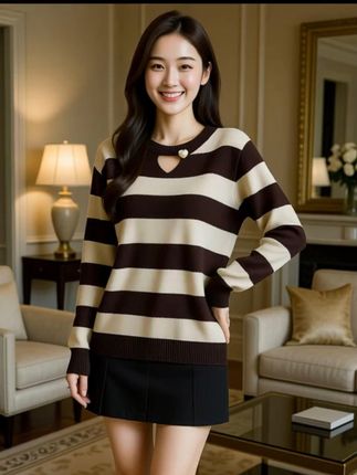 秋冬新款正肩气质独特条纹针织衫女大码显瘦毛衣打底衫女 #针织衫  #打底衫  #穿出高级感  #秋季穿搭  #仙女必备