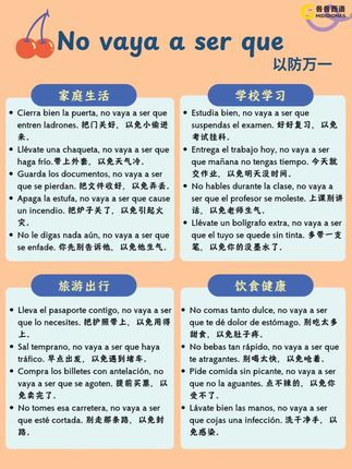 地道西语|「以防万一」怎么说? No vaya a ser que + subjuntivo是一个常见但很有“气氛感”的表达,常用于表达担忧、预防、提防某事发生,有点像中文里的:“别到时候……”或者是“以防万一”,, 一起来看看这些例句,用起来不难,但非常地道! ,#地道西语 #西语口语 #西班牙语口语 #实用西班牙语 #生活西班牙语