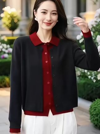 时尚翻领拼色设计感减龄针织衫女秋季新款假两件毛衣通勤外套上衣#女士秋季衫 #拼色针织衫 #减龄穿搭 #假两件毛衣 #通勤外套