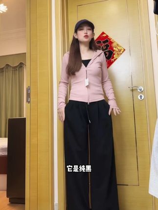 美式高腰抽绳运动裤女秋季新款高腰垂感宽松直筒显瘦休闲阔腿裤 #显高显瘦显腿长 #ootd穿搭 #百搭神裤 #穿出大长腿 #百搭阔腿裤