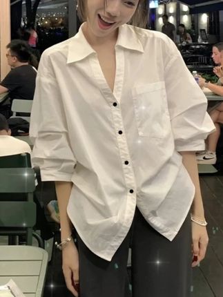 韩版时尚气质泡泡袖收腰白色翻领衬衫女夏季高级感上衣#穿出高级感 #夏季新款女装 #衬衫 #衬衣控 #搭配分享