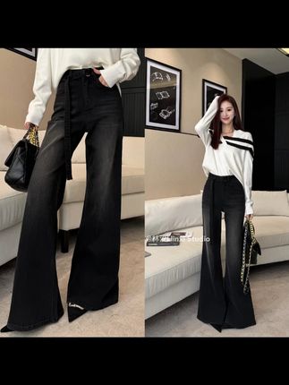 【摩登漫步】·黑灰色·四面弹穿搭高腰直筒喇叭秋冬季牛仔裤女#秋冬牛仔裤 #女士穿搭 #四面弹牛仔裤 #高腰直筒 #喇叭牛仔裤