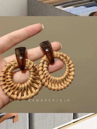 复古竹编草编耳环春夏新款高级感时尚耳钉海边度假风夸张独特耳饰  #网红爆款饰品 #饰品搭配 #时尚饰品